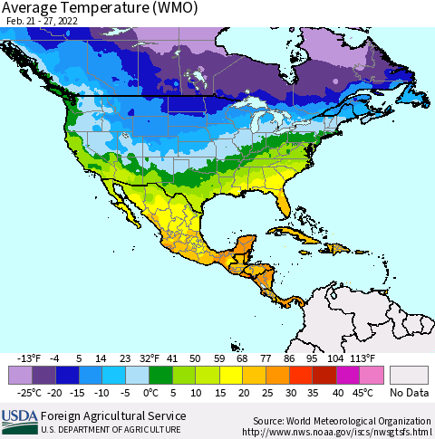 North America Average Temperature (WMO) Thematic Map For 2/21/2022 - 2/27/2022