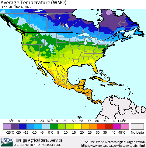 North America Average Temperature (WMO) Thematic Map For 2/28/2022 - 3/6/2022