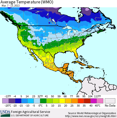 North America Average Temperature (WMO) Thematic Map For 3/7/2022 - 3/13/2022