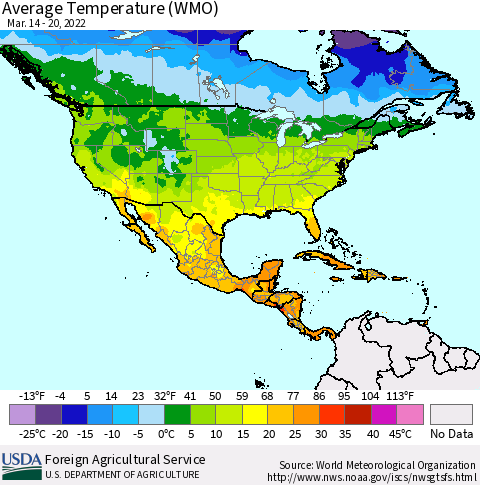 North America Average Temperature (WMO) Thematic Map For 3/14/2022 - 3/20/2022