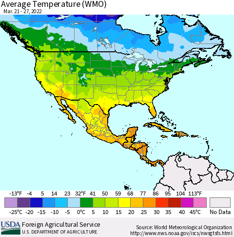 North America Average Temperature (WMO) Thematic Map For 3/21/2022 - 3/27/2022