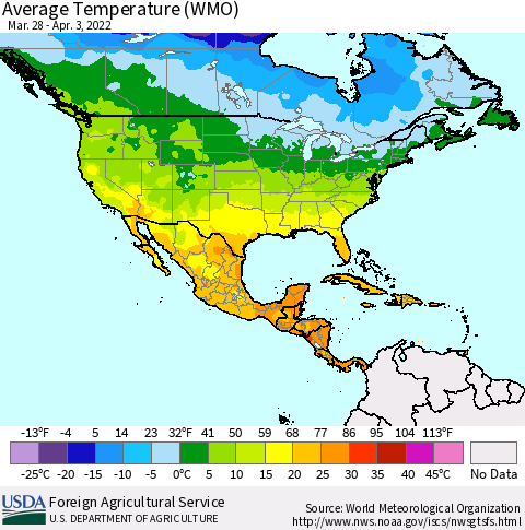 North America Average Temperature (WMO) Thematic Map For 3/28/2022 - 4/3/2022