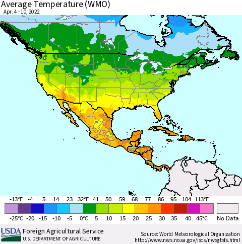 North America Average Temperature (WMO) Thematic Map For 4/4/2022 - 4/10/2022