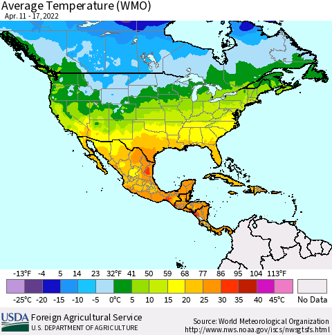 North America Average Temperature (WMO) Thematic Map For 4/11/2022 - 4/17/2022