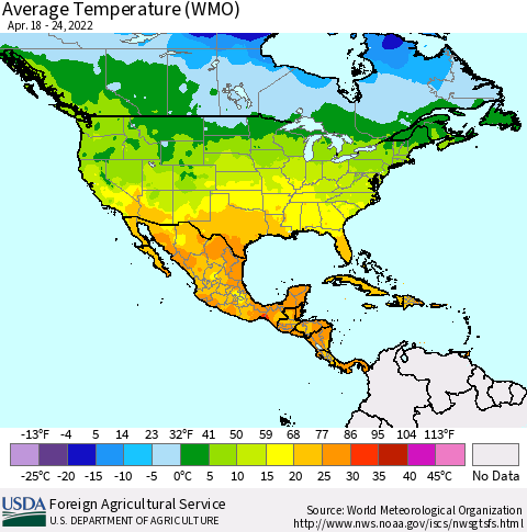 North America Average Temperature (WMO) Thematic Map For 4/18/2022 - 4/24/2022