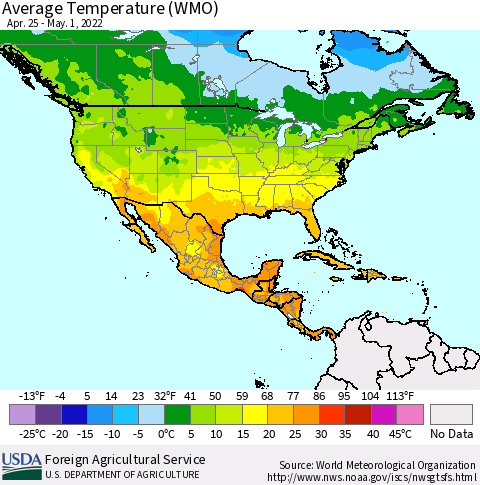 North America Average Temperature (WMO) Thematic Map For 4/25/2022 - 5/1/2022
