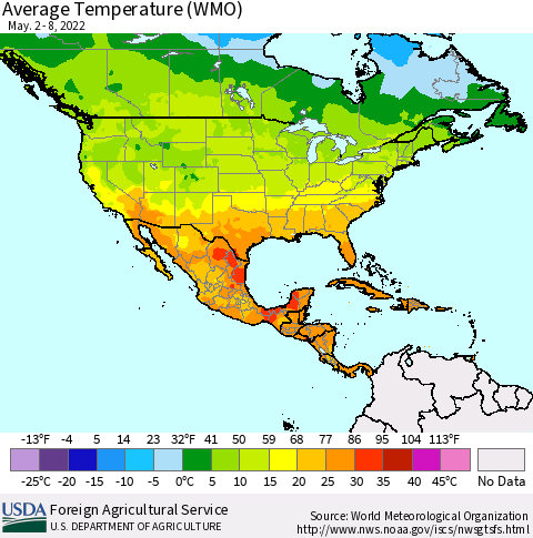 North America Average Temperature (WMO) Thematic Map For 5/2/2022 - 5/8/2022