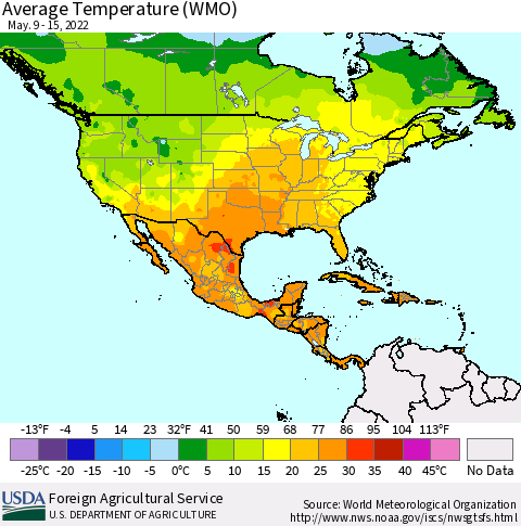 North America Average Temperature (WMO) Thematic Map For 5/9/2022 - 5/15/2022