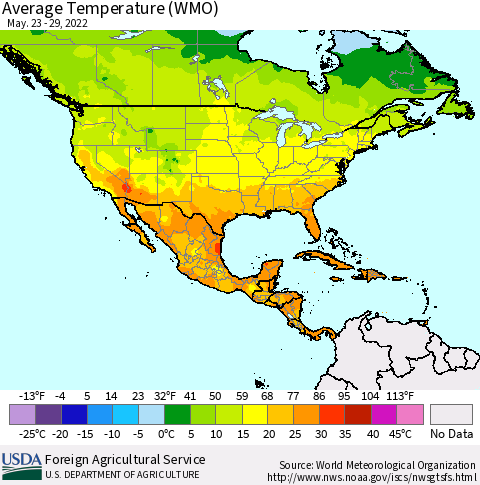 North America Average Temperature (WMO) Thematic Map For 5/23/2022 - 5/29/2022