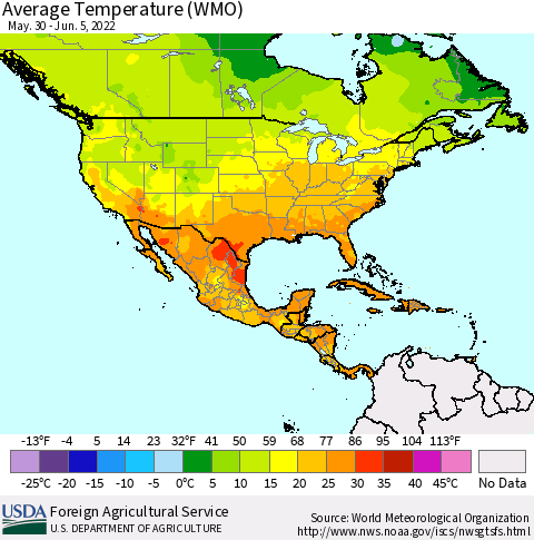 North America Average Temperature (WMO) Thematic Map For 5/30/2022 - 6/5/2022