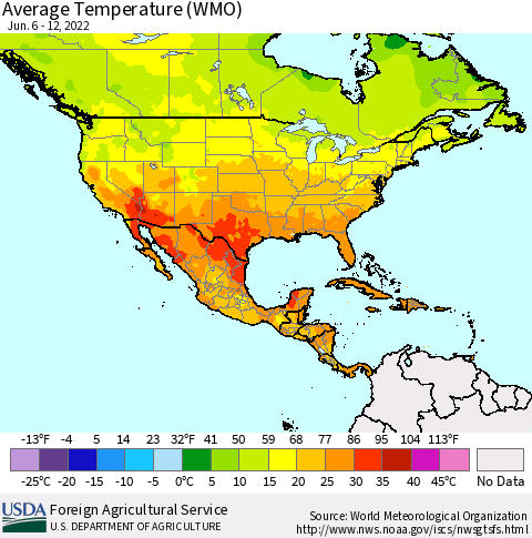 North America Average Temperature (WMO) Thematic Map For 6/6/2022 - 6/12/2022