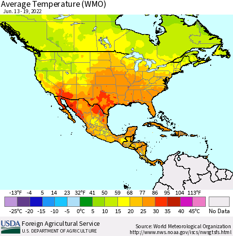 North America Average Temperature (WMO) Thematic Map For 6/13/2022 - 6/19/2022