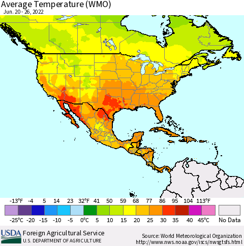 North America Average Temperature (WMO) Thematic Map For 6/20/2022 - 6/26/2022