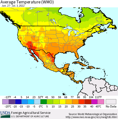 North America Average Temperature (WMO) Thematic Map For 6/27/2022 - 7/3/2022