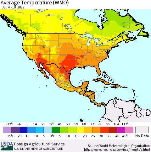 North America Average Temperature (WMO) Thematic Map For 7/4/2022 - 7/10/2022