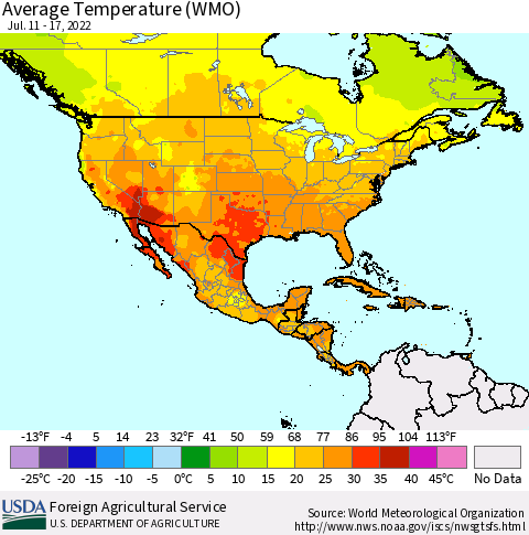 North America Average Temperature (WMO) Thematic Map For 7/11/2022 - 7/17/2022