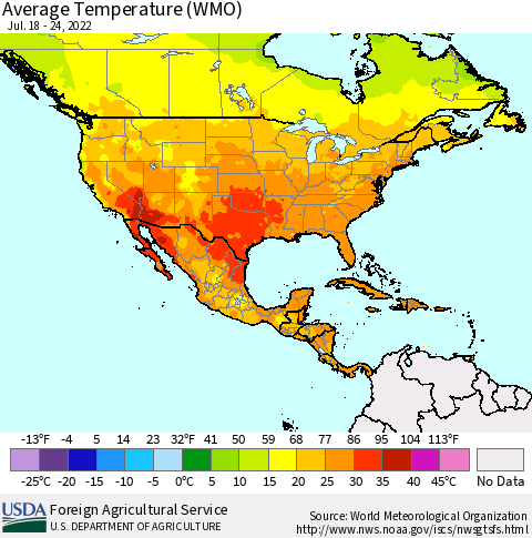 North America Average Temperature (WMO) Thematic Map For 7/18/2022 - 7/24/2022