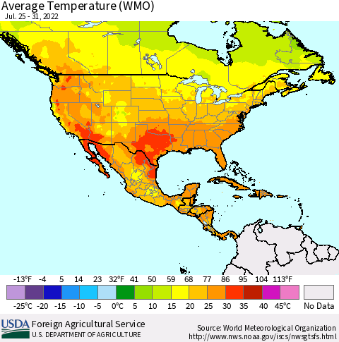 North America Average Temperature (WMO) Thematic Map For 7/25/2022 - 7/31/2022