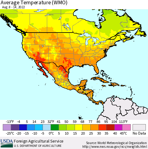 North America Average Temperature (WMO) Thematic Map For 8/8/2022 - 8/14/2022