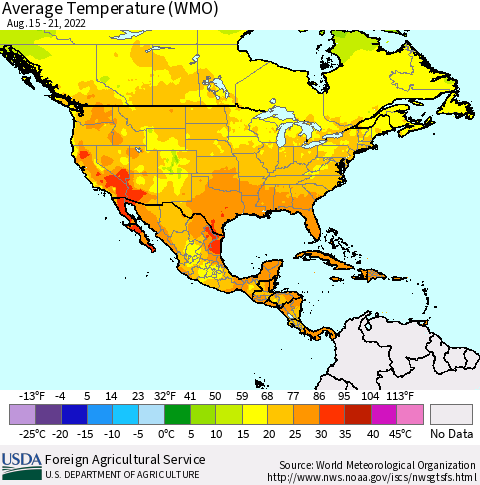 North America Average Temperature (WMO) Thematic Map For 8/15/2022 - 8/21/2022