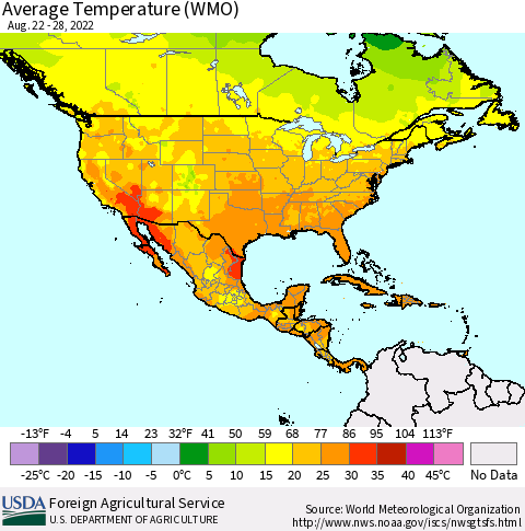 North America Average Temperature (WMO) Thematic Map For 8/22/2022 - 8/28/2022