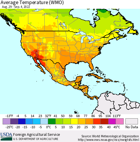 North America Average Temperature (WMO) Thematic Map For 8/29/2022 - 9/4/2022