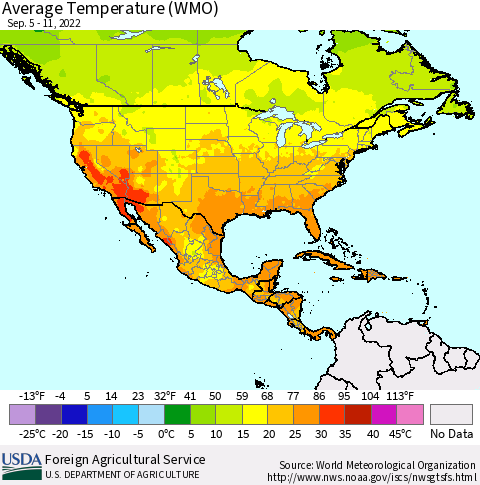 North America Average Temperature (WMO) Thematic Map For 9/5/2022 - 9/11/2022