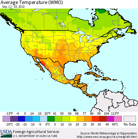 North America Average Temperature (WMO) Thematic Map For 9/12/2022 - 9/18/2022