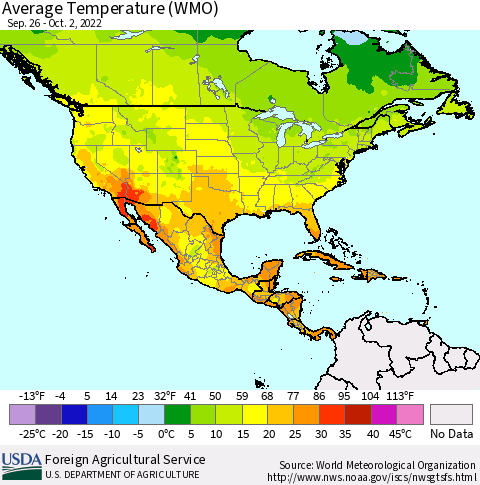 North America Average Temperature (WMO) Thematic Map For 9/26/2022 - 10/2/2022