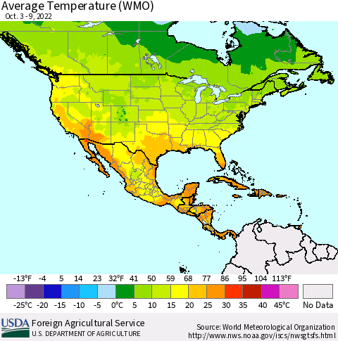 North America Average Temperature (WMO) Thematic Map For 10/3/2022 - 10/9/2022