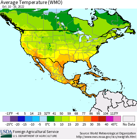 North America Average Temperature (WMO) Thematic Map For 10/10/2022 - 10/16/2022