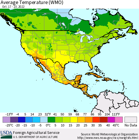 North America Average Temperature (WMO) Thematic Map For 10/17/2022 - 10/23/2022