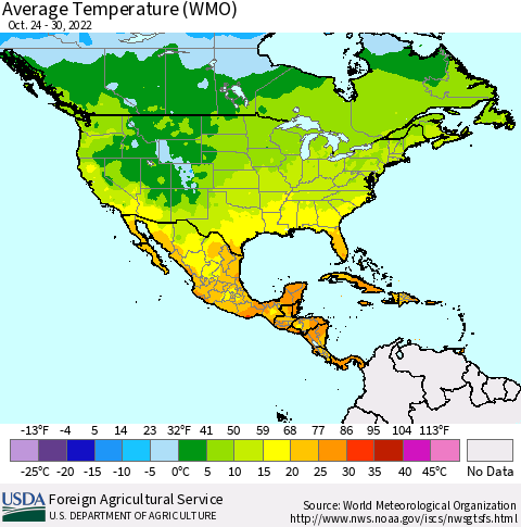 North America Average Temperature (WMO) Thematic Map For 10/24/2022 - 10/30/2022