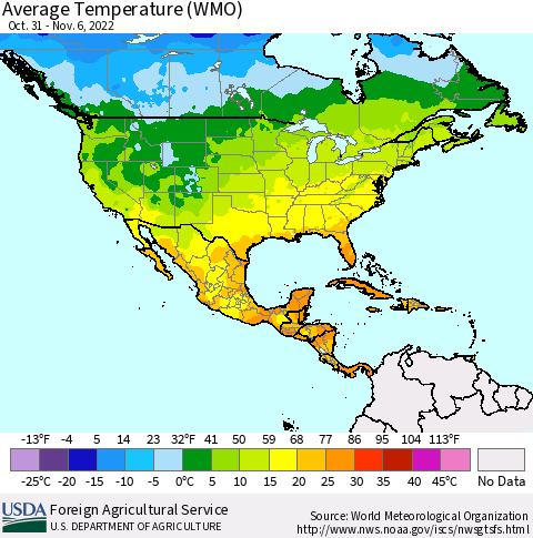 North America Average Temperature (WMO) Thematic Map For 10/31/2022 - 11/6/2022