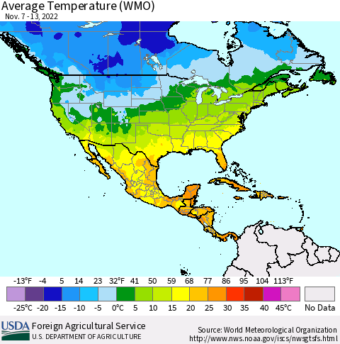 North America Average Temperature (WMO) Thematic Map For 11/7/2022 - 11/13/2022