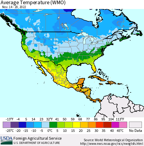 North America Average Temperature (WMO) Thematic Map For 11/14/2022 - 11/20/2022