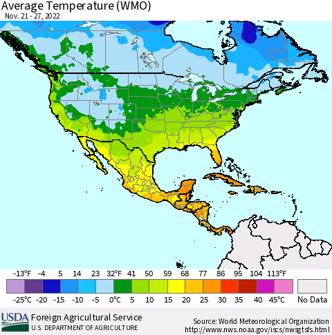 North America Average Temperature (WMO) Thematic Map For 11/21/2022 - 11/27/2022