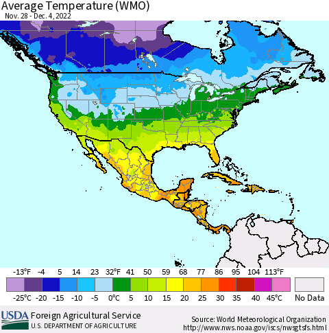 North America Average Temperature (WMO) Thematic Map For 11/28/2022 - 12/4/2022