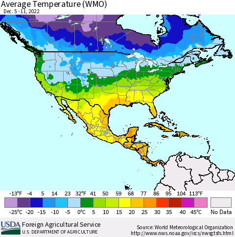 North America Average Temperature (WMO) Thematic Map For 12/5/2022 - 12/11/2022
