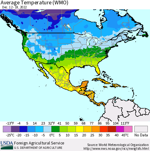 North America Average Temperature (WMO) Thematic Map For 12/12/2022 - 12/18/2022