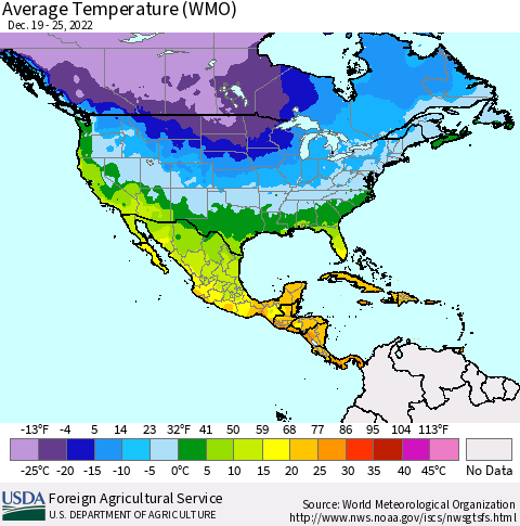North America Average Temperature (WMO) Thematic Map For 12/19/2022 - 12/25/2022