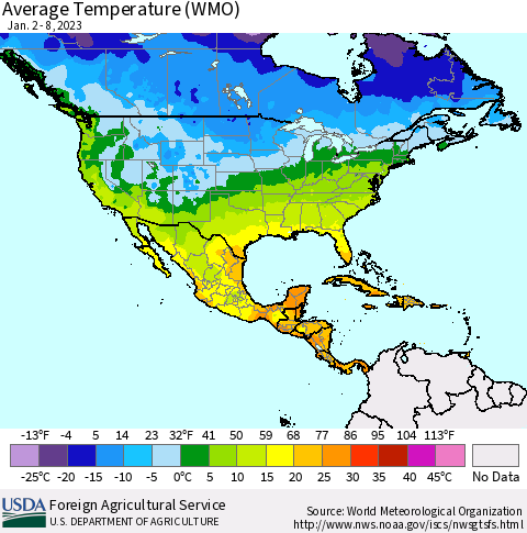 North America Average Temperature (WMO) Thematic Map For 1/2/2023 - 1/8/2023