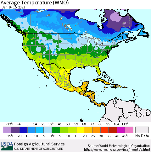 North America Average Temperature (WMO) Thematic Map For 1/9/2023 - 1/15/2023