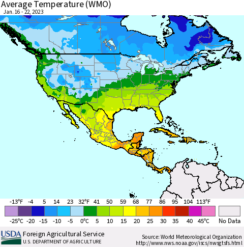 North America Average Temperature (WMO) Thematic Map For 1/16/2023 - 1/22/2023