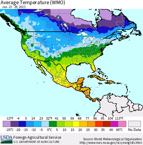 North America Average Temperature (WMO) Thematic Map For 1/23/2023 - 1/29/2023