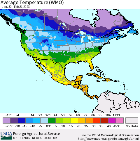 North America Average Temperature (WMO) Thematic Map For 1/30/2023 - 2/5/2023