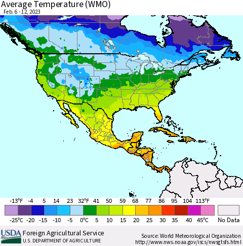 North America Average Temperature (WMO) Thematic Map For 2/6/2023 - 2/12/2023