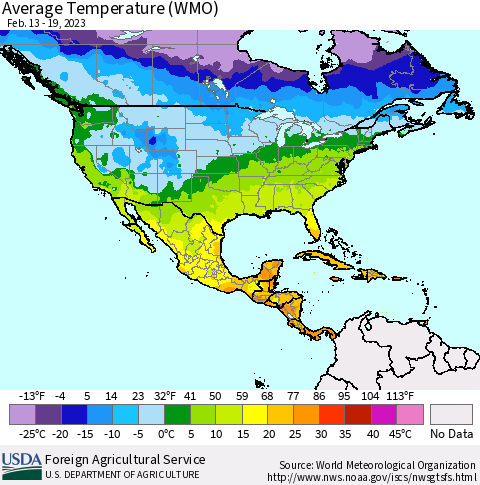 North America Average Temperature (WMO) Thematic Map For 2/13/2023 - 2/19/2023