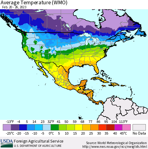 North America Average Temperature (WMO) Thematic Map For 2/20/2023 - 2/26/2023
