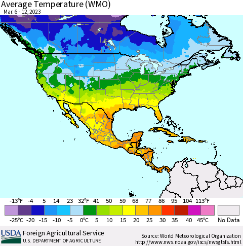 North America Average Temperature (WMO) Thematic Map For 3/6/2023 - 3/12/2023